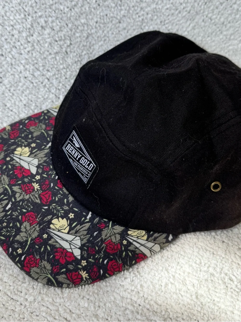 Benny Gold 5 Panel Camp Cap Black Floral Paper Airplane Brim Hat